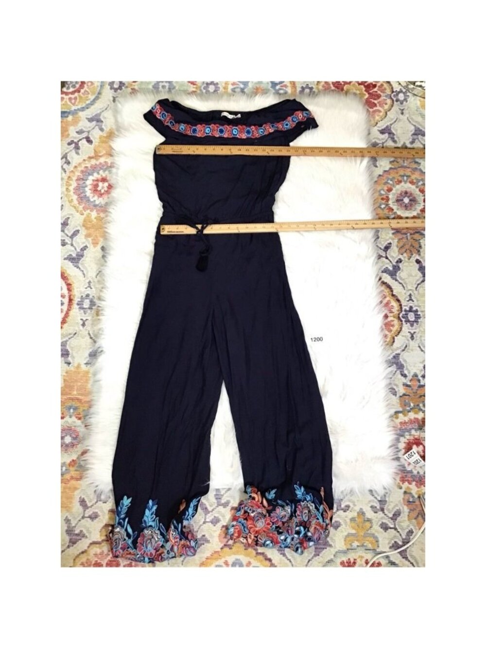 Jumpsuit Chelsea & Violet Womens Med Navy Blue Off Shoulder Embroidered Long Boh - Picture 6 of 9